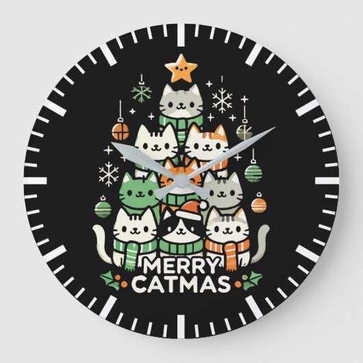 Frohe Catmas Niedliche Katze Weihnachtsbaum Urlaub Große Wanduhr (Vorderseite)