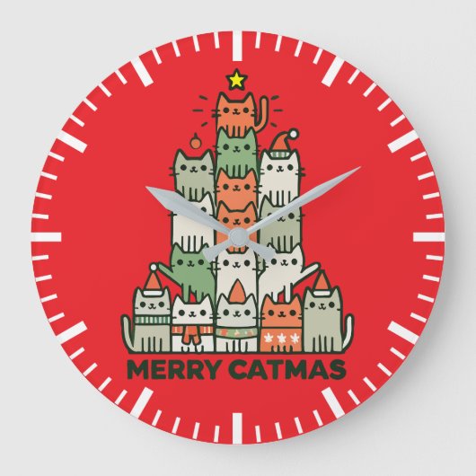Frohe Catmas Niedliche Katze Weihnachtsbaum Urlaub Große Wanduhr (Vorderseite)