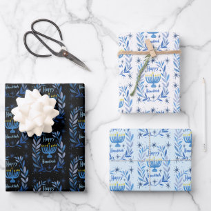 Frohe Chanukka Botanische Menora Aquarell Geschenkpapier Set