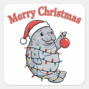 Frohe Chrismiss Manatee Niedliche Dicke Seekuh Wei Quadratischer Aufkleber