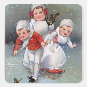 Frohe ChristmasLittle Kids Ice Skaten Quadratischer Aufkleber