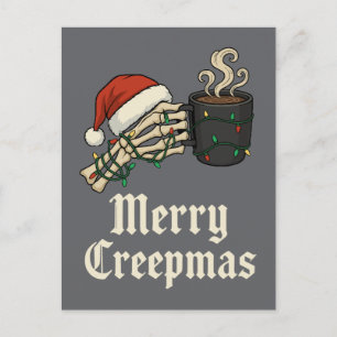 Frohe Creepmas-Skelett mit Kaffee Feiertagspostkarte