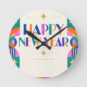 Frohe farbenfrohe Neujahrsgrüße  Runde Wanduhr
