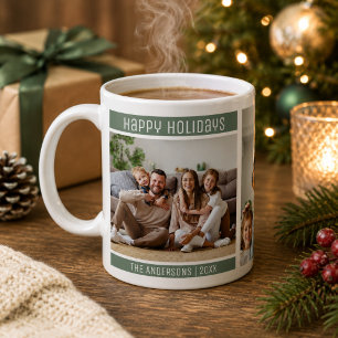 Frohe Feiertage 3 Familienfoto-Collage Sagegrün Kaffeetasse