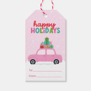 Frohe Feiertage Auto mit Geschenken in Rosa An/Für Geschenkanhänger