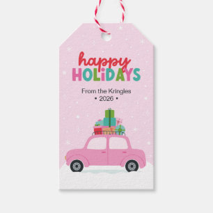 Frohe Feiertage Auto mit Geschenken in Rosa Custom Geschenkanhänger