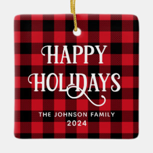 Frohe Feiertage Buffalo Plaid Familienfoto Keramikornament