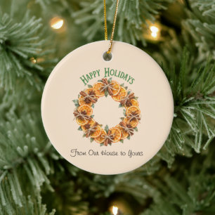 Frohe Feiertage Cottagecore Orange Gewürz Kranz Keramik Ornament