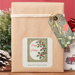 Frohe Feiertage Holly Berry Art Nouveau Weihnachte Quadratischer Aufkleber