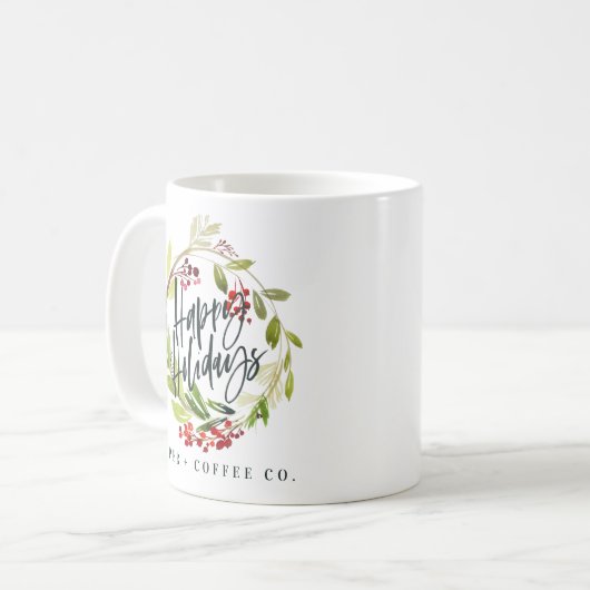 Frohe Feiertage Kundengeschenk-Aquarell-Kranz Kaffeetasse (Vorderseite Links)