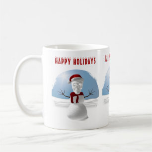 Frohe Feiertage. Lustiger Schneemann mit Totenkopf Kaffeetasse