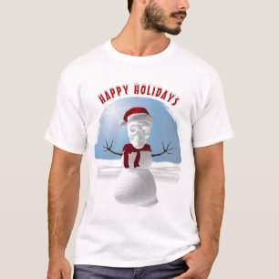 Frohe Feiertage. Lustiger Schneemann mit Totenkopf T-Shirt