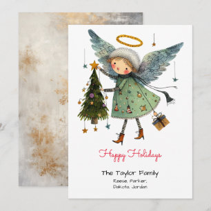 Frohe Feiertage mit wunderlichem Engel und Baum Feiertagskarte