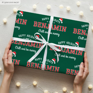 Frohe Feiertage Name Weihnachten Santa Hut Grün Ro Geschenkpapier