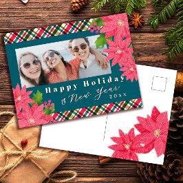 Frohe Feiertage Neujahr Poinsettia Foto Teal Feiertagspostkarte