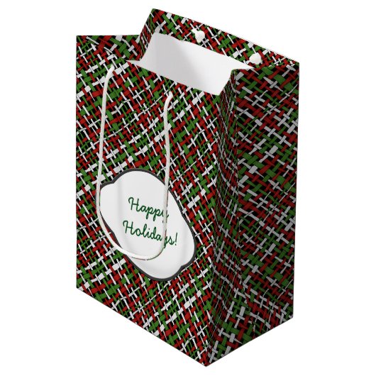 Frohe Feiertage raue Weihnachtsleinwand Mittlere Geschenktüte (Vorderseite Schrägansicht)