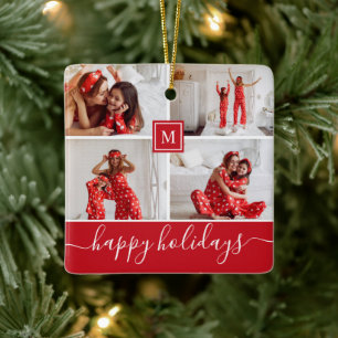 Frohe Feiertage rote Familienfoto-Collage-Monogram Keramikornament