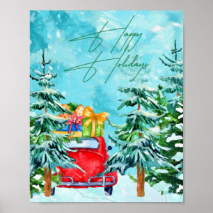 Frohe Feiertage Roter LKW Schnee Bäume Poster