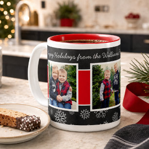Frohe Feiertage Schiefertafel Rotes Schneeglöckche Zweifarbige Tasse