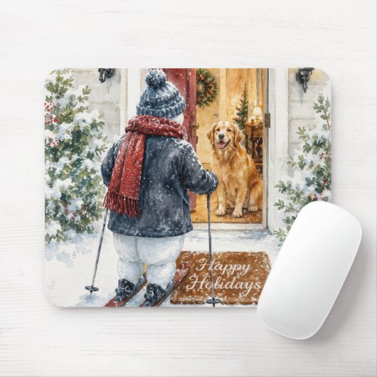 Frohe Feiertage Schneemann auf Skiern Mousepad (Mit Mouse)