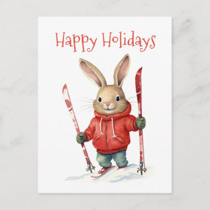 Frohe Feiertage - Süßer Weihnachtshase mit Skiern Postkarte