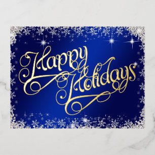 Frohe Feiertage Typografie Blau und Diamanten  Folien Feiertagspostkarte