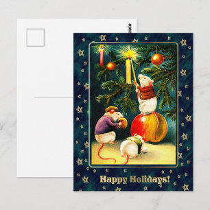 Frohe Feiertage. Vintage lustige Mäuse Weihnachten Postkarte