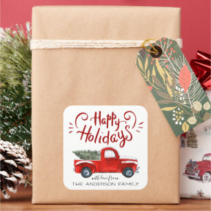 Frohe Feiertage Vintage roter LKW Weihnachten Quadratischer Aufkleber