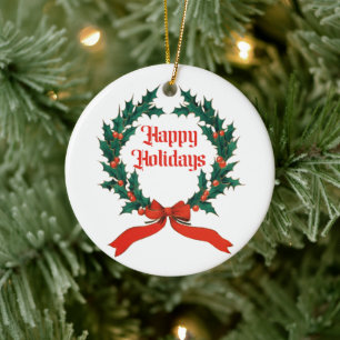 Frohe Feiertage Vintage-Stechpalme-Weihnachtskränz Keramik Ornament