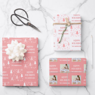 Frohe Feiertage Weihnachtsfoto Rosa Geschenkpapier Set