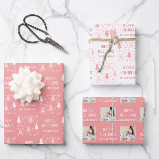 Frohe Feiertage Weihnachtsfoto Rosa Geschenkpapier Set (Vorderseite)