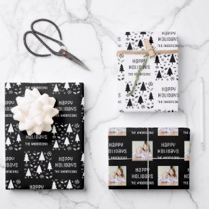 Frohe Feiertage Weihnachtsfoto Schwarz und Weiß Geschenkpapier Set