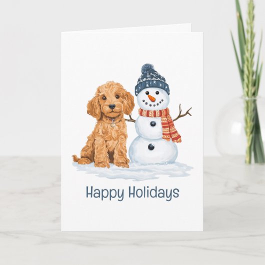 Frohe Feiertage Winter Goldendoodle Hund Schneeman Karte (Vorderseite)