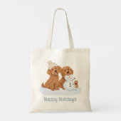 Frohe Feiertage Winter Goldendoodle Hund Schneeman Tragetasche (Rückseite)