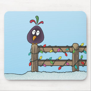 Frohe Festtage Cartoon Bird auf Zaun Mousepad