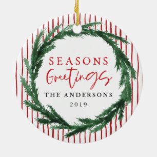 Frohe Festtage Kranz + Streifen Weihnachts-Foto Keramik Ornament