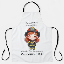 Frohe Feuerwehrfrau in hellen Geräten Schürze