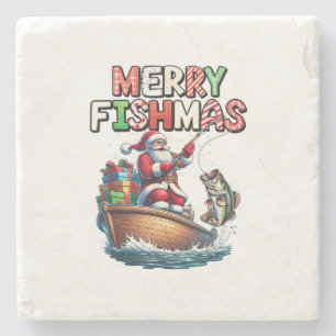 Frohe Fischweihnachten Santa Angler Lustiger Fisch Steinuntersetzer