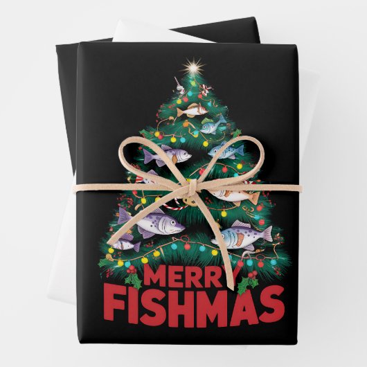 Frohe Fishmas Weihnachtsbaum Lights Fish Angeln Geschenkpapier Set (Beispiel)