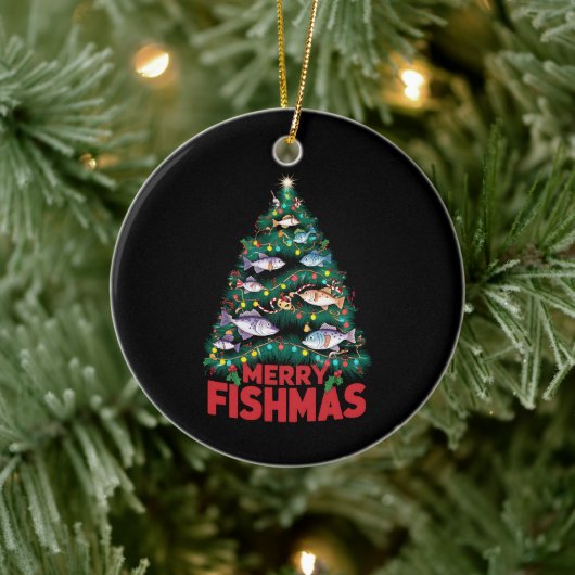 Frohe Fishmas Weihnachtsbaum Lights Fish Angeln Keramik Ornament (Baum)