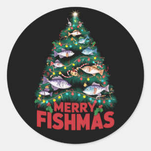 Frohe Fishmas Weihnachtsbaum Lights Fish Angeln Runder Aufkleber
