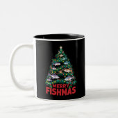 Frohe Fishmas Weihnachtsbaum Lights Fish Angeln Zweifarbige Tasse (Links)