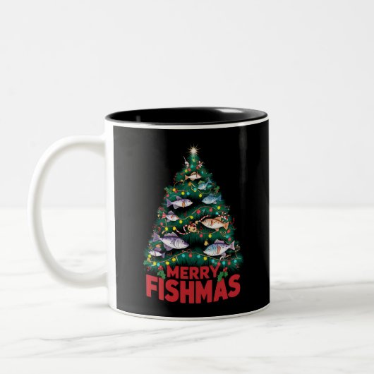 Frohe Fishmas Weihnachtsbaum Lights Fish Angeln Zweifarbige Tasse (Links)