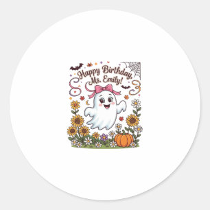 Frohe Geburtstag Frau Emily Halloween Geist Kürbis Runder Aufkleber