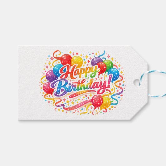 Frohe Geburtstags-Regenbogen-Luftballons Konfetti Geschenkanhänger (Vorderseite (Horizontal))