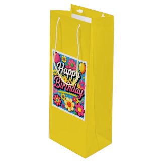 Frohe Geburtstagsblumen und Luftballons Gelb Geschenktüte Für Weinflaschen