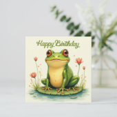Frohe Geburtstagsgrüner Frosch und Blume Karte (Stehend Vorderseite)