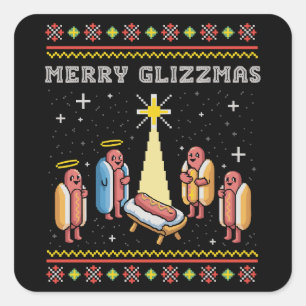 Frohe Glizzmas hässlicher Weihnachts-Hot Dog Xmas Quadratischer Aufkleber
