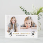 Frohe Gold Schwarz-weiß Pines Weihnachten 2 Foto Einladung (Stehend Vorderseite)