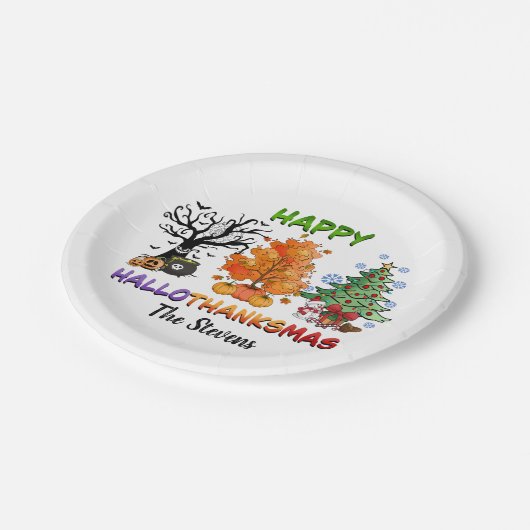 Frohe Hallothanksmas mit Bäumen Pappteller (Schrägansicht)